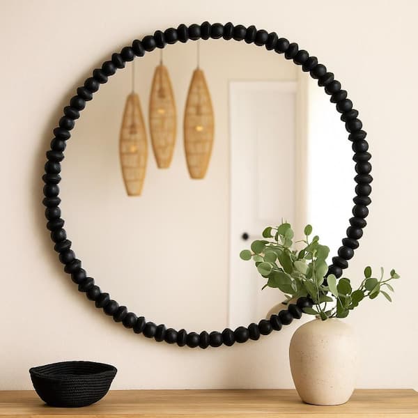 Perz Black 36 in. W x 35.75 in. H Modern Round Wood Framed Wall Mirror