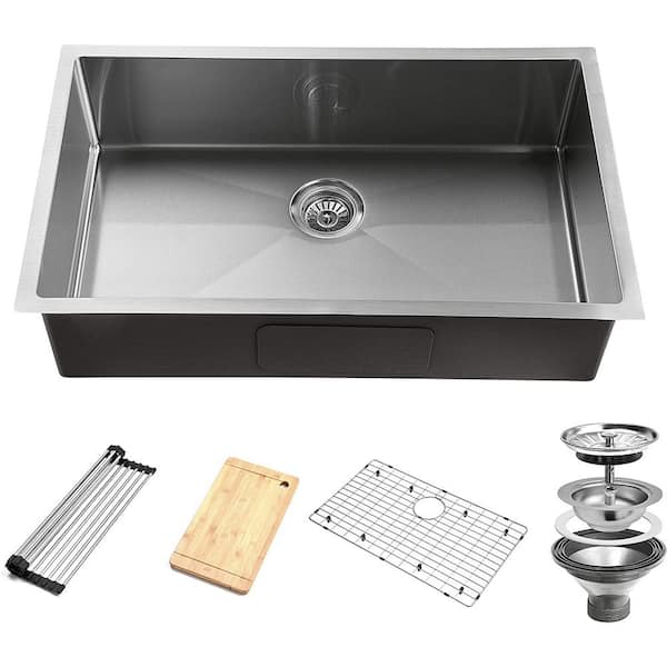 Unbranded 32 in. Drop-In/Undermount Single Bowl 16-Gauge Silver Stainless Steel Kitchen Sink with Bottom Grids