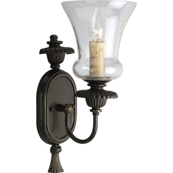 Progress Lighting Fiorentino Collection 1-Light Forged Bronze Wall Sconce with Clear Seeded Glass