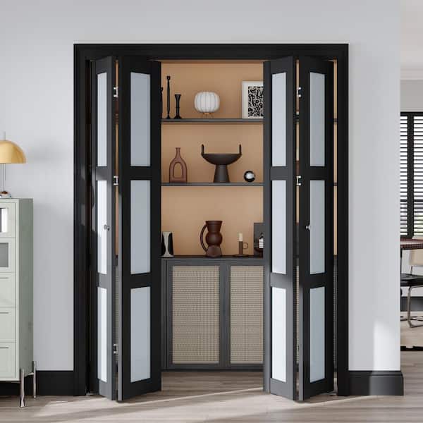 60 in. x 80 in. (Double 30 in) 3-Lite Frosted Glass Solid Core MDF Black Finished Bi-fold Door with Hardware Kit