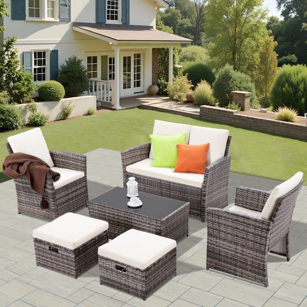 MIRAFIT Gray Wicker 6-Piece Outdoor Rattan Sectional Sofa Patio Conversation Furniture Sets with Beige Cushions