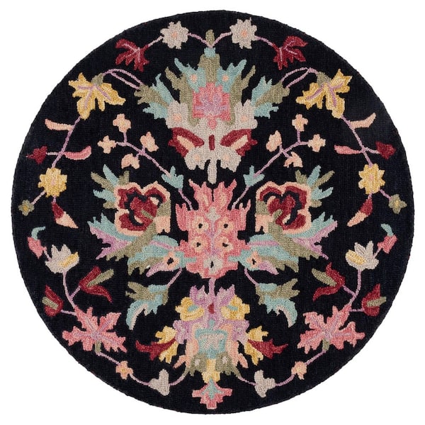 Jardin 3 ft. x 3 ft. Round Black/Pink Floral Crown Area Rug