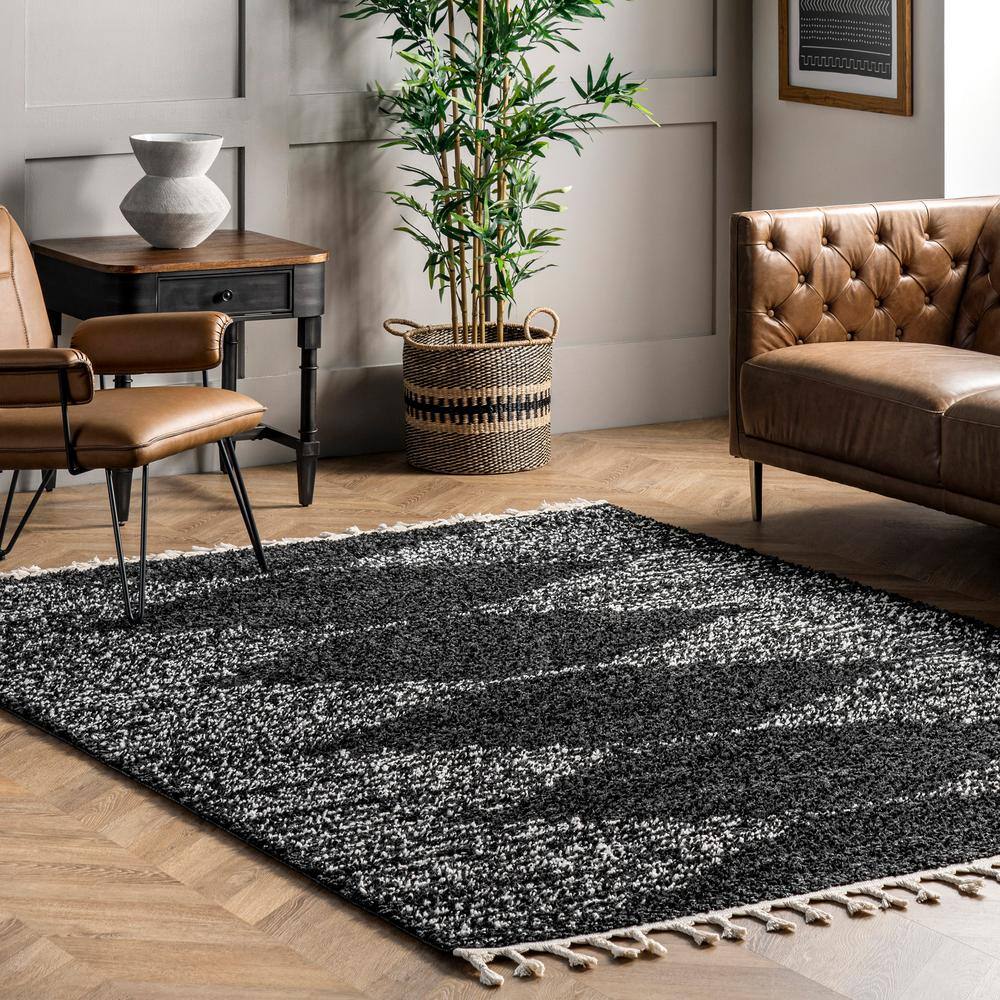 Black and White Braided Oval Shag Rug