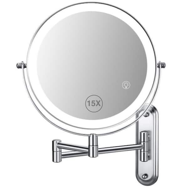 8.5 in.W x 8.5 in.H Round Swing Arms LED Wall Mount Bathroom Makeup Mirror in Chrome-15X,3-Adjustable Light,Magnifying