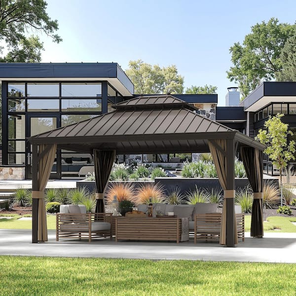 12 ft. x 14 ft. Aluminum Hardtop Outdoor Gazebo with Double Galvanized Steel Roof,Included Mosquito Netting and Curtains