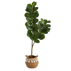 4.5 ft. Green Fiddle Leaf Fig Artificial Tree with Boho Chic Handmade Natural Cotton Woven Planter with Tassels