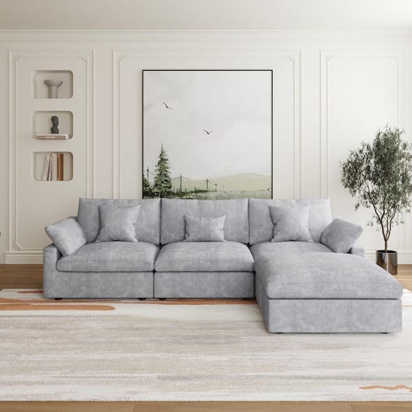 J&E Home 119.29 in. Slope Arm 4-Piece L-Shaped Linen Modern Oversize Modular Sectional Sofa Couch in Gray with Ottoman
