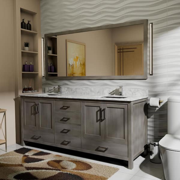 Jacques 72 in. W x 22 in. D Distressed Grey Double Bath Vanity, Carrara Marble Top, and 70 in. Mirror