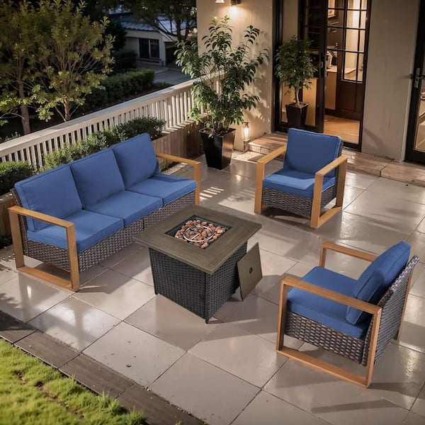 Cube Edge 4-Piece Brown Wicker Fire Pit Conversation Set with Olefin Blue Cushions and Couch/Patio Lounge Chairs