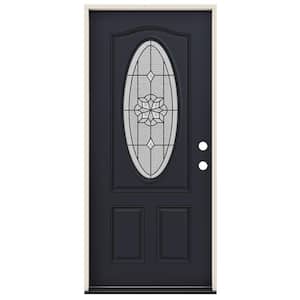 36 in. x 80 in. Left-Hand/Inswing 3/4 Oval McAlpine Decorative Glass Black Steel Prehung Front Door