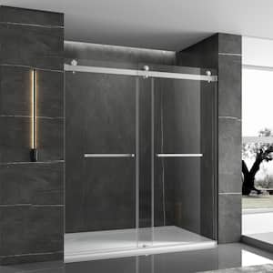 72 in. W x 76 in. H Double Sliding Frameless Shower Door in Stainless Steel Finish with Clear Glass