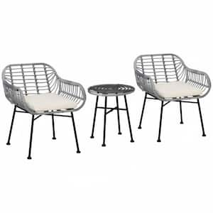 Cream White 3-Piece Wicker Outdoor Bistro Set with Cushions, Hand Woven, Modern Look with Tempered Glass Table