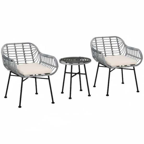 ITOPFOX Cream White 3-Piece Wicker Outdoor Bistro Set with Cushions, Hand Woven, Modern Look with Tempered Glass Table