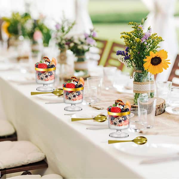 5 fl. oz. Gold Plastic Dessert Cups with Spoon, Round Serving Goblet Cups for Parties (120-Piece)