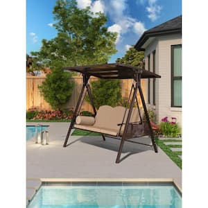 PURPLE LEAF 3-Person Grey Outdoor All-Weather Steel Frame Porch Swing ...