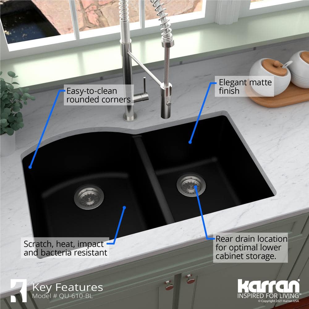 Black Quartz Composite 32'' x 21'' Double Bowl Undermount Kitchen Sink