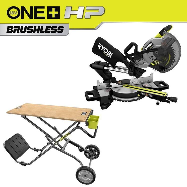 RYOBI ONE+ HP 18V Brushless Cordless 10 in. Sliding Compound Miter Saw (Tool Only) with SPEED BENCH Mobile Workstation