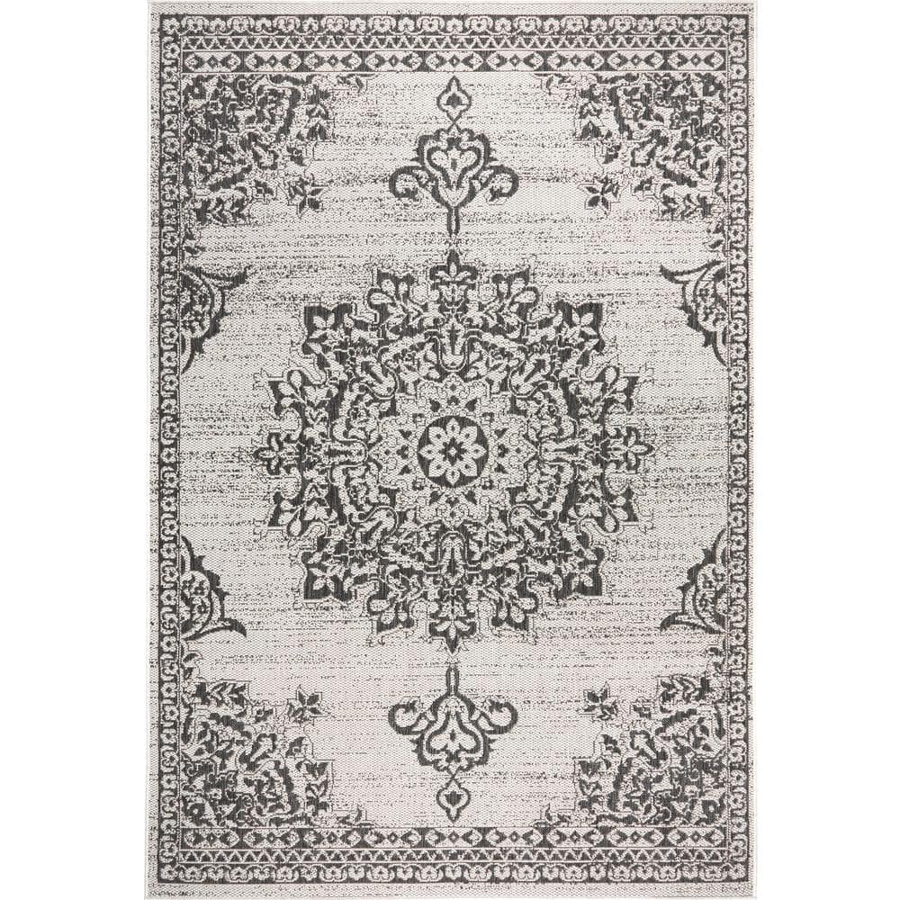 Grey/Black Synthetic Medallion Rectangular Indoor/Outdoor Rug 3'11" x 5'2"