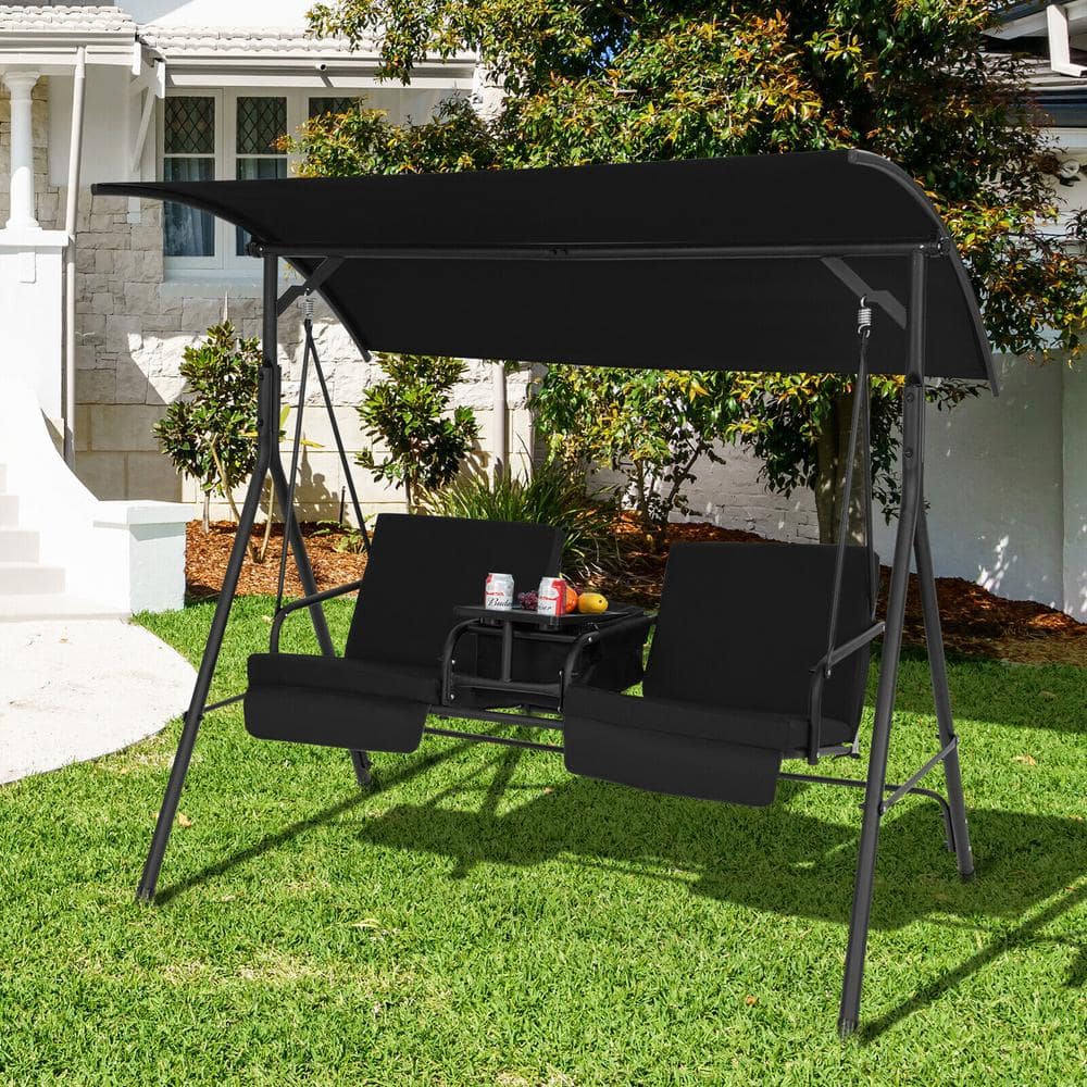 FORCLOVER 2- Person Metal Porch Patio Swing Chair with Black Cushions ...