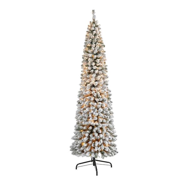 Nearly Natural 7 ft. Flocked Pencil Artificial Christmas Tree with 400 Clear Lights and 574 Bendable Branches