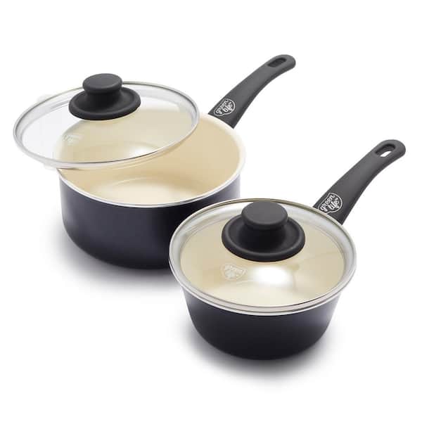 Soft Grip 4-Piece 1 Qt. and 2 Qt. Healthy Ceramic Nonstick Sauce Pan Set with Lids in Black