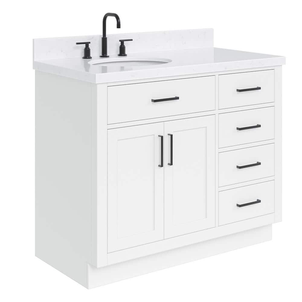 Sidmouth 42'' Solid Wood Single Bathroom Vanity with 1.5'' Carrara Quartz Top, Left Offset Oval Sink