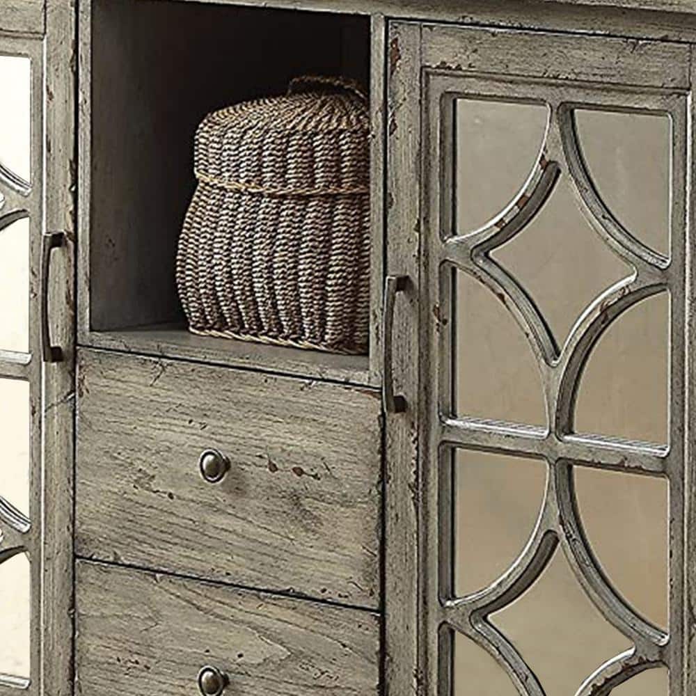 Weathered Gray Mirrored Console Table with Diamond Trim Inlay
