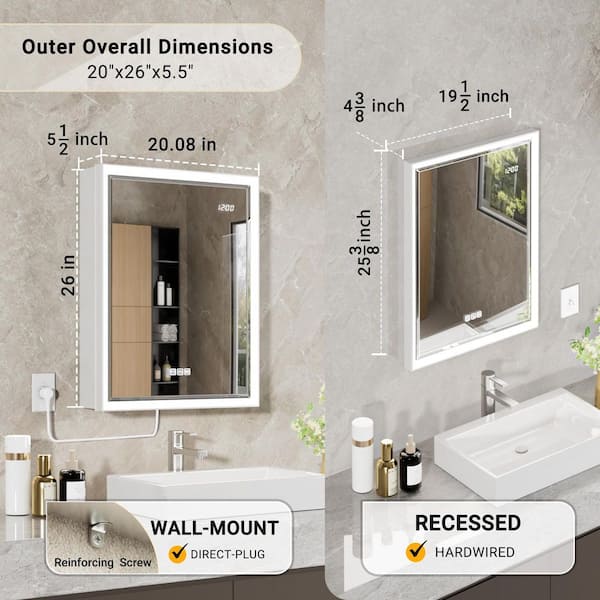 Anglora 20 in. W x 26 in. H LED Beveled Edge Rectangular Aluminum Recessed/Surface Wall Medicine Cabinet with Mirror-R