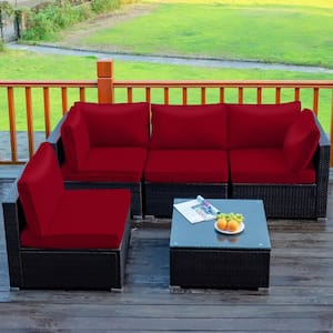5-Piece Wicker Patio Conversation Set with Red Cushions Sofa Chair Coffee Table