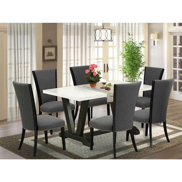 East West Furniture 7-Piece Natural Oak Finish Solid Wood Top Dining Table with 6 Chairs with Lattice Back