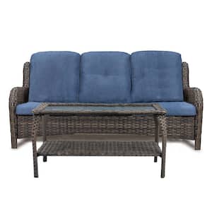 2-Piece Rattan Wicker Outdoor Patio Conversation Sectional Sofa with Blue Cushions and Coffee Table