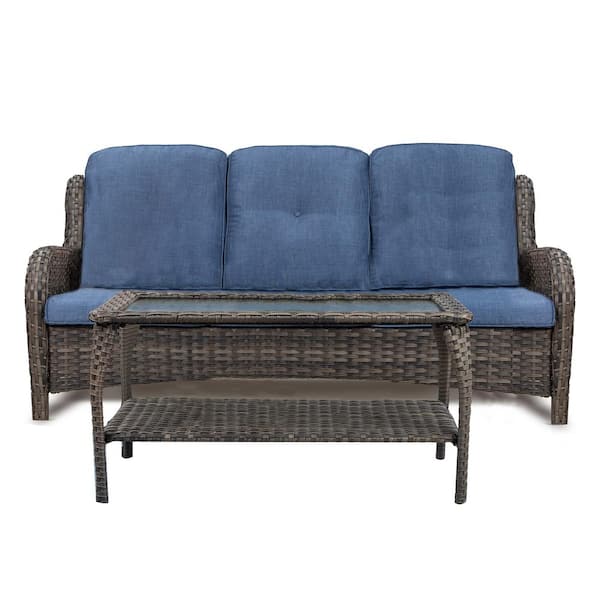 Cesicia 2-Piece Rattan Wicker Outdoor Patio Conversation Sectional Sofa with Blue Cushions and Coffee Table