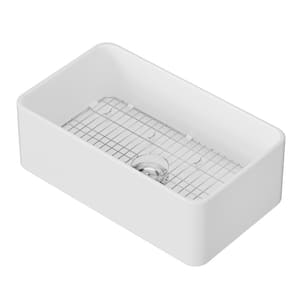 Fireclay 30 in. Single Bowl White Kitchen Sink Farmhouse Apron Front Kitchen Sink with Bottom Grid and Basket Strainer