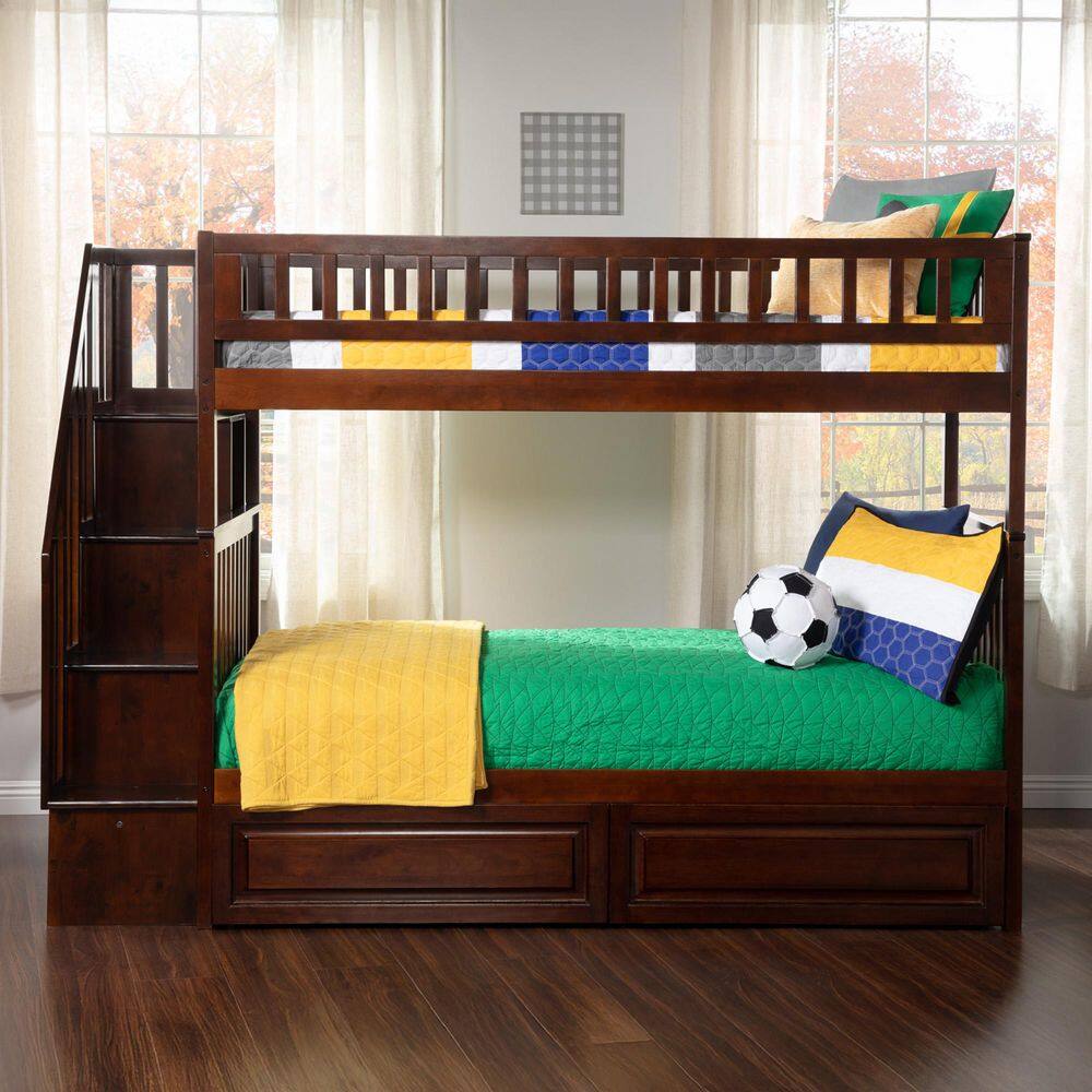 Walnut Twin Over Twin Bunk Bed with Staircase and Storage Drawers