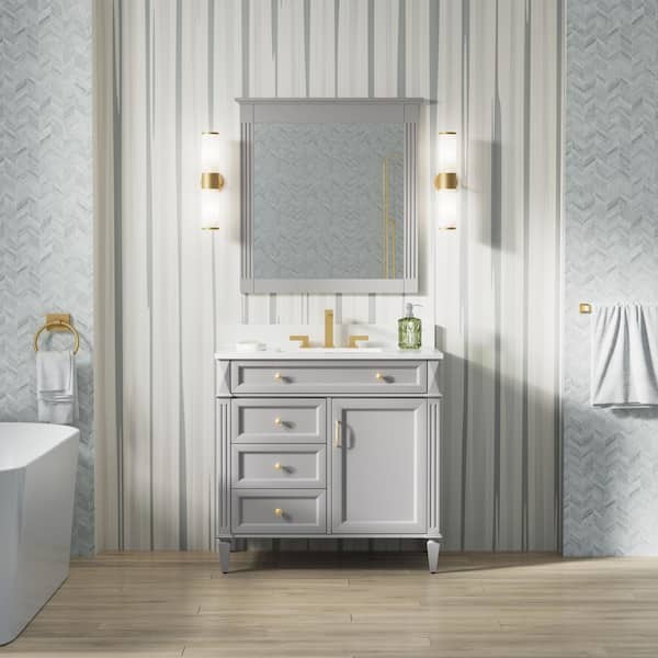 36 in. W x 22 in. D x 35 in. H Solid Wood Freestanding Bath Vanity in Grey with Single Sink, Carrera White Quartz Top