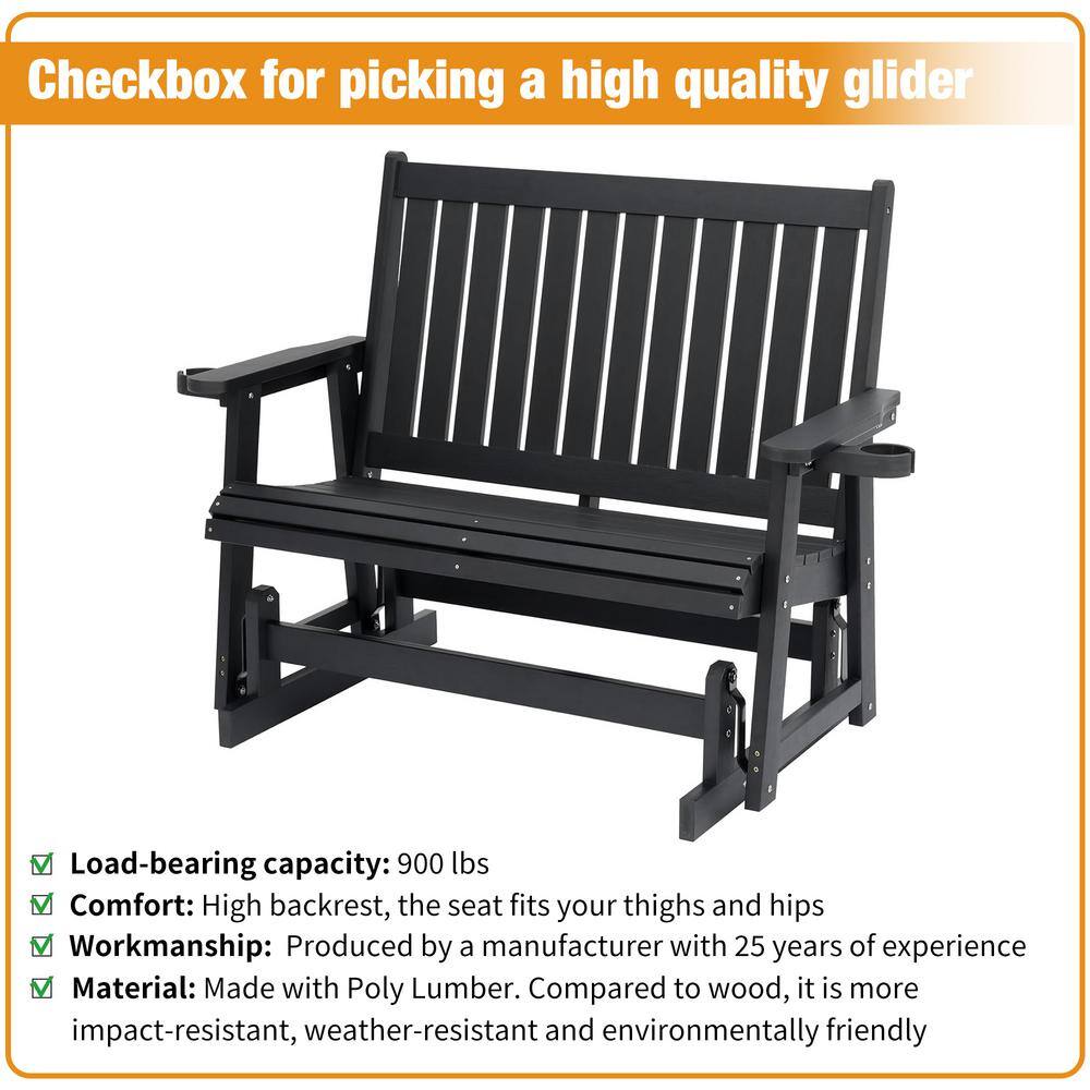 Black Composite Outdoor Glider with Removable Cup Holders