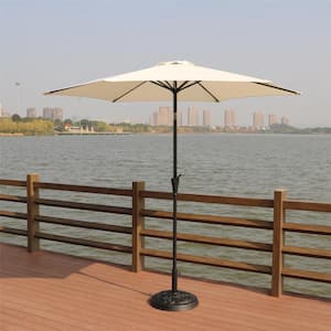 8.8 ft. Outdoor Aluminum Patio Umbrella, Market Umbrella with Round Resin Umbrella Base in Beige