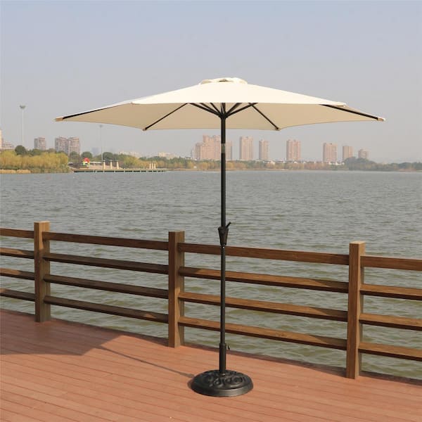 Unbranded 8.8 ft. Outdoor Aluminum Patio Umbrella, Market Umbrella with Round Resin Umbrella Base in Beige