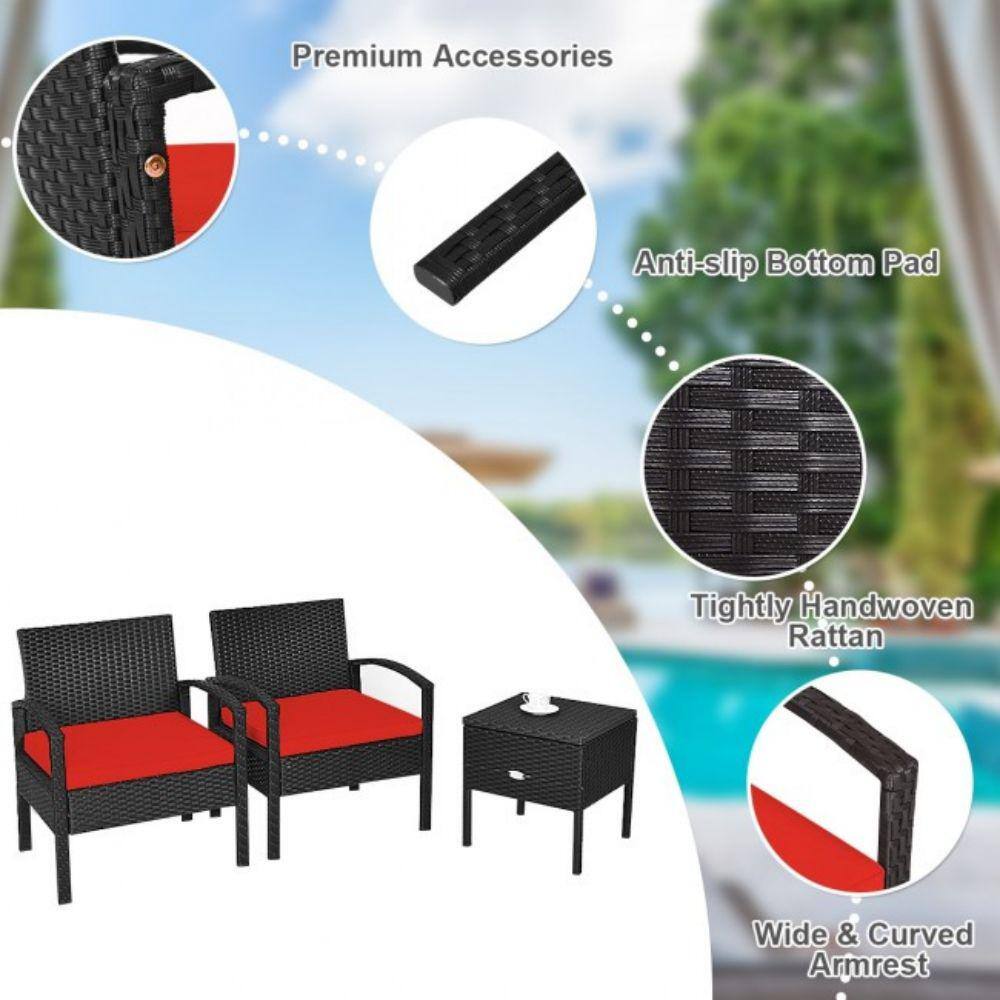 Red Cushioned Black Rattan 2-Person Patio Conversation Set