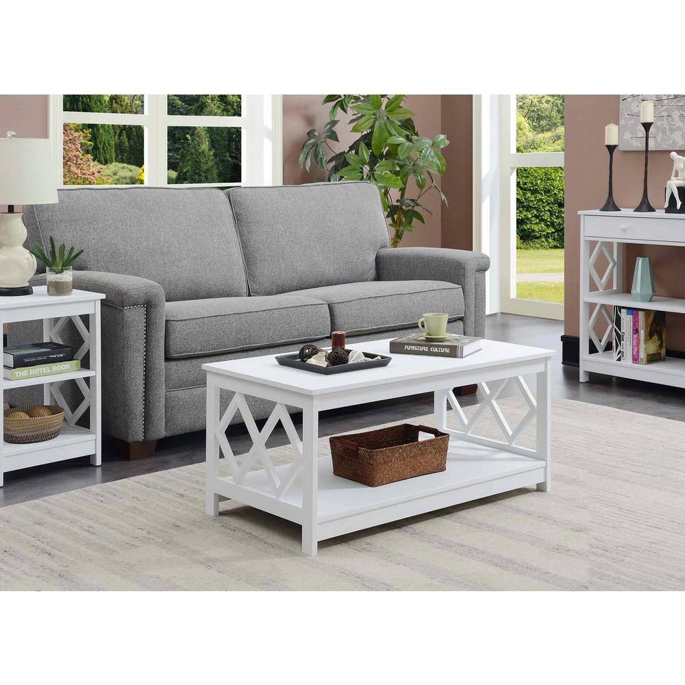White 40" Diamond Cut-Out Wood Coffee Table with Shelf