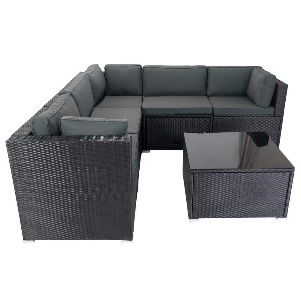 Set of 6 PE Wicker Outdoor Sectional Furniture Upholstered Sofa Set with 3 