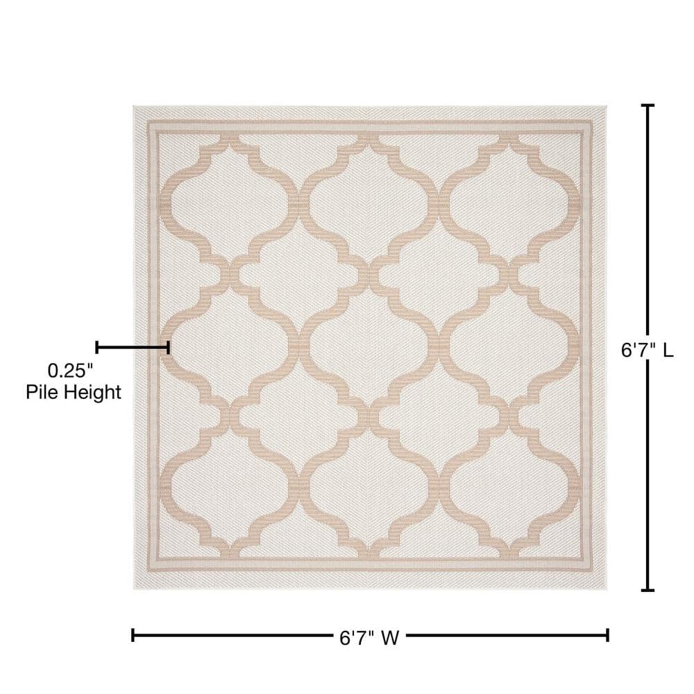 Ivory Beige Geometric Square Indoor Outdoor Rug 6'7"