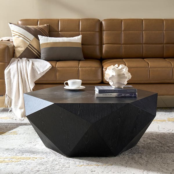 JAYDEN CREATION Ismael 39 in. Black Geometric Design Marble-Top Coffee Table Fully Assembled on Arrival