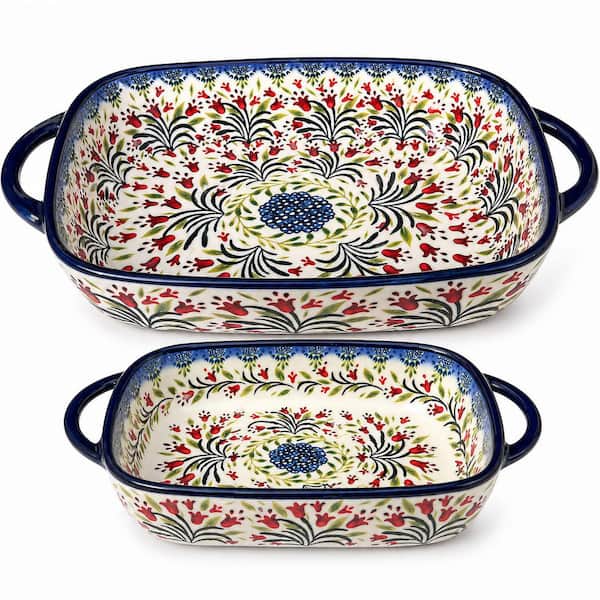 Polish Pottery Style Ceramic Baking Dish Set, 2-Piece Large and Small Casserole Bakers, Microwave and Dishwasher Safe