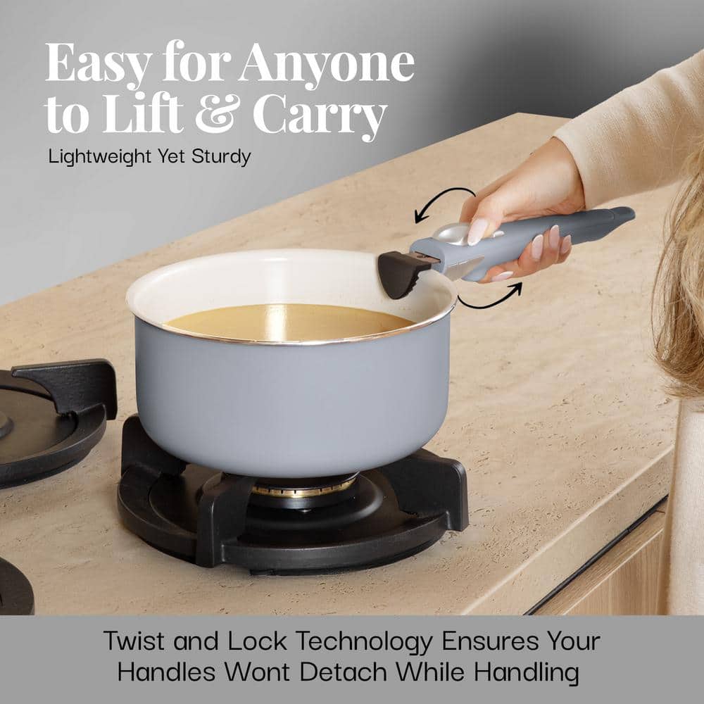 Gray and Cream Aluminum Ceramic Nonstick Cookware Set with Detachable Handles