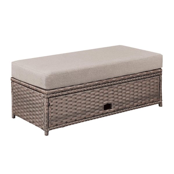 Brown Wicker Outdoor Sofa Ded Loveseat Ottoman for Garden Porch with Beige Cushions