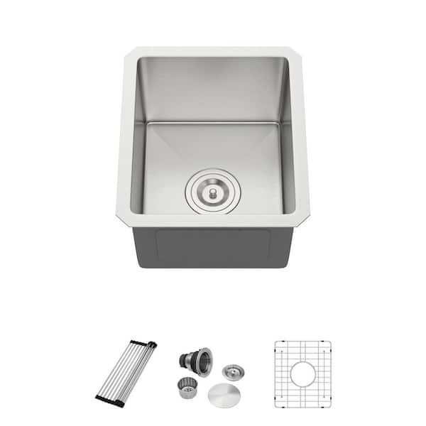 16-Gauge Stainless Steel 13 in. Undermount Bar Sink in Brushed Nickel with Roll Up Rack