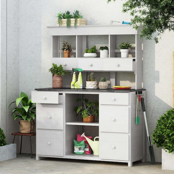 Unbranded 50 in. W x 20 in. D x 66 in. H White Wood Outdoor Storage Cabinet, Potting Bench Table with Multiple Drawers and Shelves