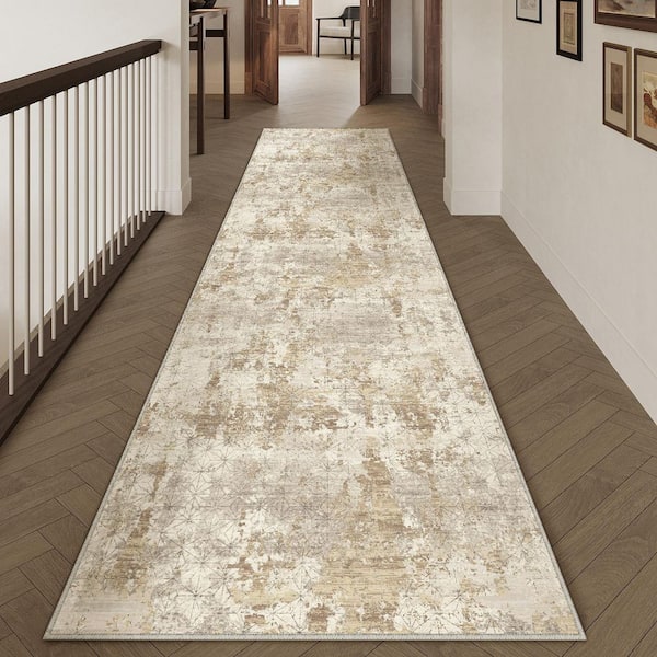 Abstraction Gold/Gray 2 ft. x 8 ft. Washable Modern Abstract Runner Rug