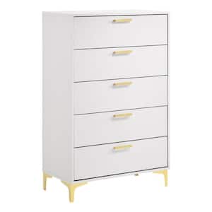 15.75 in. White and Gold 5-Drawer Wooden Tall Dresser Chest of Drawers